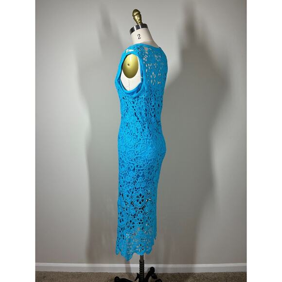 House of Harlow Blue Lace Open Knit Midi Bodycon Dress XS Lined Crochet Colorful - Picture 10 of 16